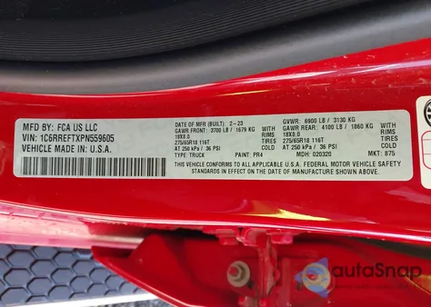 2023 Ram 1500 Big Horn 4X2 5'7 Box из США, поврежденный, VIN 1C6RREFTXPN559605